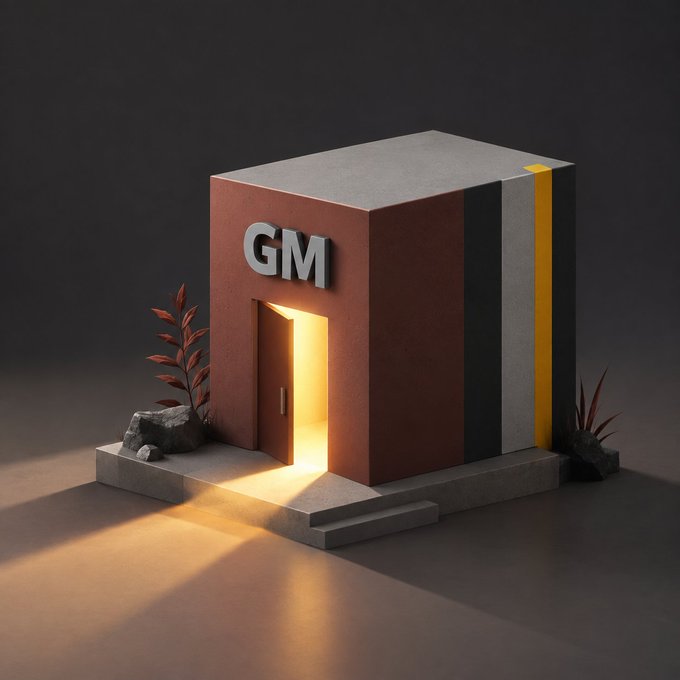 A 3D rendered miniature scene of a red, black, and grey building featuring a glowing yellow doorway and the letters 'GM' above the entrance.