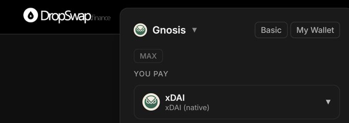 A screenshot of the DropSwap DeFi interface showing a token swap menu with Gnosis selected and xDAI listed as the payment token.