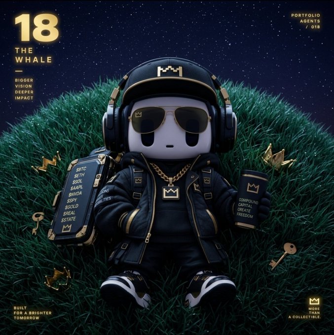 A stylized 3D-rendered character mascot sitting on grass, dressed in black and gold streetwear with headphones and sunglasses, labeled '18 THE WHALE' with text including 'BIGGER VISION DEEPER IMPACT' and 'PORTFOLIO AGENTS'.