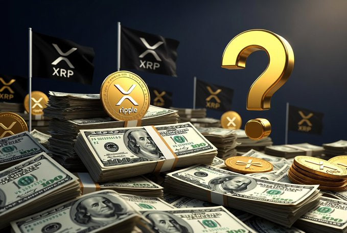 The image features stacks of $100 bills alongside gold Ripple (XRP) coins and flags, with a large golden question mark hovering above, visually echoing the post's questioning tone about XRP's current challenges and its perceived peg to "the hopes of its holders" rather than the US dollar.