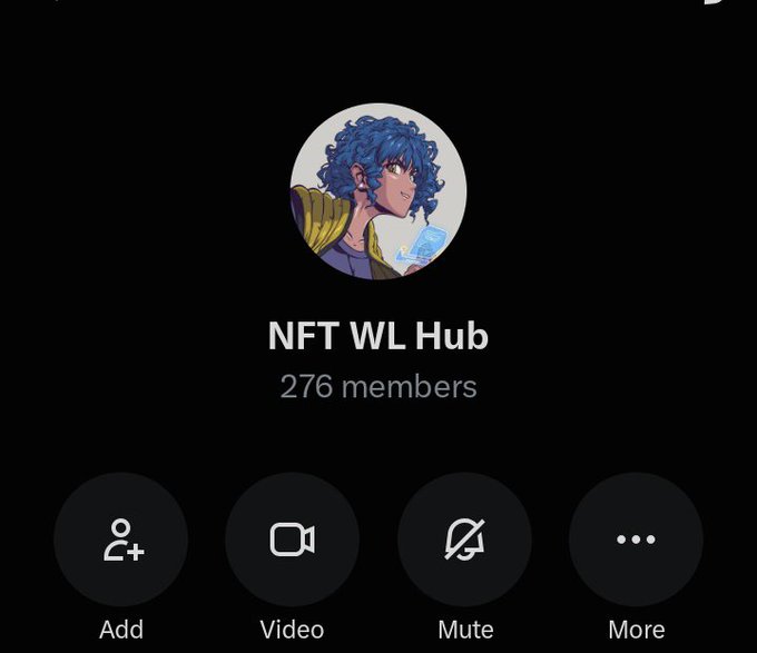 A Telegram group interface for 'NFT WL Hub' with 276 members, featuring an anime-style blue-haired character avatar and standard call options (Add, Video, Mute, More).