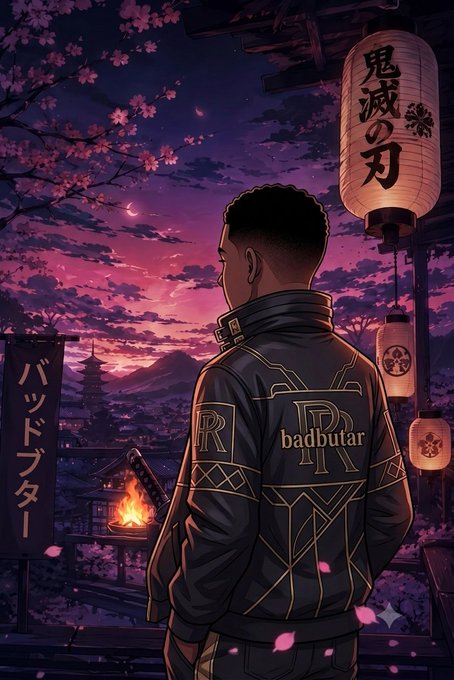An anime-style illustration of a man in a black leather jacket with 'badbutar' on the back, standing before a Japanese village at sunset with cherry blossoms, Japanese lanterns, and banners reading 'badbutar'.