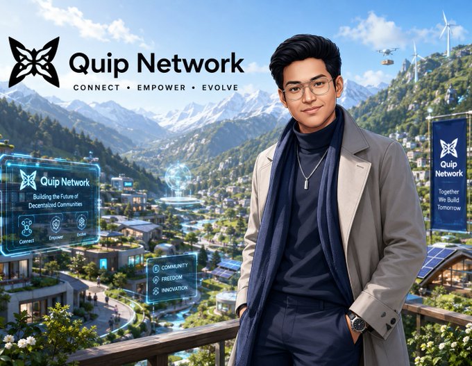 A promotional image for 'Quip Network' (Connect • Empower • Evolve) showing a stylish man in a turtleneck and coat overlooking a futuristic mountain valley community with hologram interfaces.