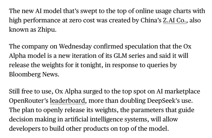 A Bloomberg News article excerpt confirming that Zhipu (Z.ai Co.)'s new AI model "Ox Alpha" is an iteration of its GLM series, with the model topping OpenRouter's leaderboard by more than doubling DeepSeek's usage, and the company planning to open-source its weights tonight.