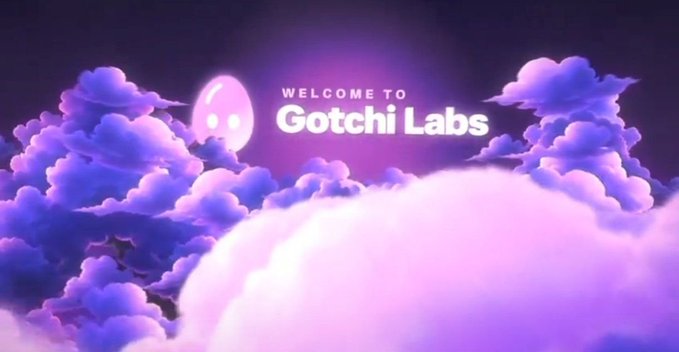 A digital illustration features purple clouds, a small pink ghost character, and the text 'WELCOME TO Gotchi Labs'.