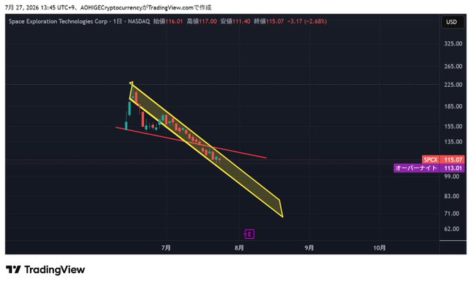 A TradingView chart of Space Exploration Technologies Corp (ticker: SPCX) on NASDAQ showing a sharp downtrend from approximately $220 to $115 over the July-August period, illustrating a descending channel breakdown pattern. The chart visually supports the post's observation of a "clean death breakdown chart reminiscent of AZERO" for $SPCX.