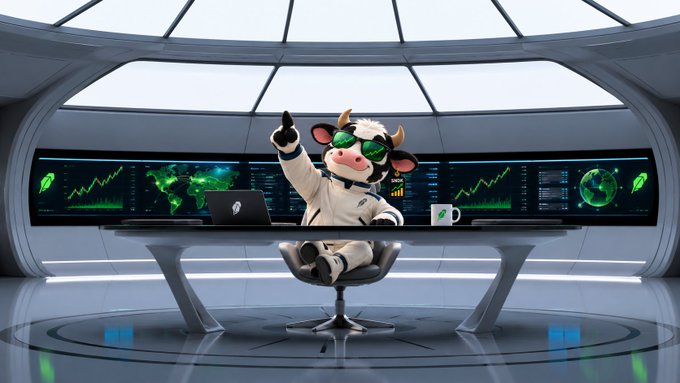 A whimsical illustration of an anthropomorphic cow wearing sunglasses and a white jacket sitting in a futuristic command center, pointing upward with multiple monitors displaying financial charts, world maps, and rocket icons behind it.