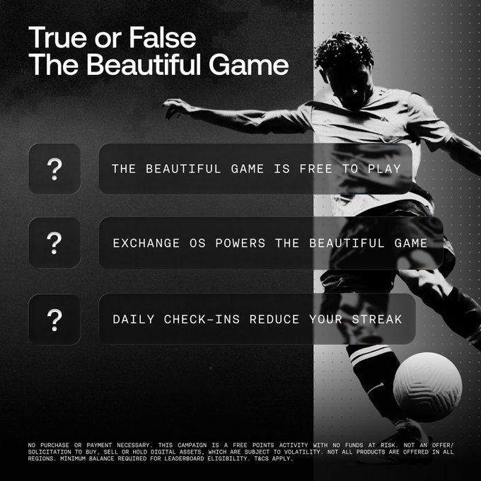 A black-and-white promotional graphic for OKX's "True or False: The Beautiful Game" weekend quiz, featuring a silhouetted soccer player about to kick a ball, alongside three quiz statements: "The Beautiful Game is free to play," "Exchange OS powers The Beautiful Game," and "Daily check-ins reduce your streak," each marked with a question mark for participants to evaluate. The image ties directly to the post's $500 USDT weekend quiz campaign by OKX, encouraging followers to retweet and comment their answers.