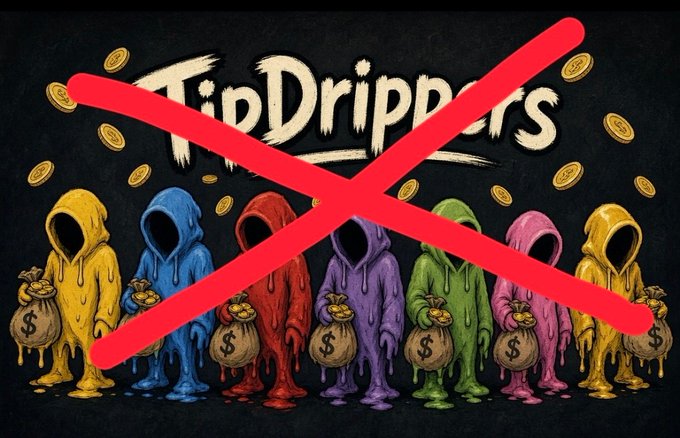 A graphic for 'TipDrippers' showing seven colorful hooded figures holding money bags with dollar signs, crossed out with a large red X, suggesting avoidance or warning.