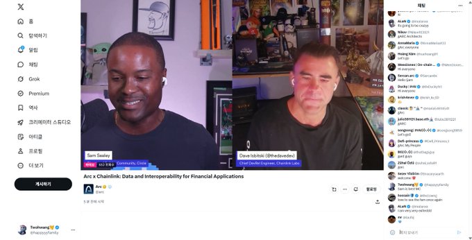 A Twitter/X livestream by Teehan featuring Sam Sawley (@madsalty), with the stream titled 'Arc x Chainlink: Data and Interoperability for Financial Applications'.