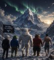 A group of hikers standing before a snow-covered mountain under a green aurora borealis, with one person holding a flag.