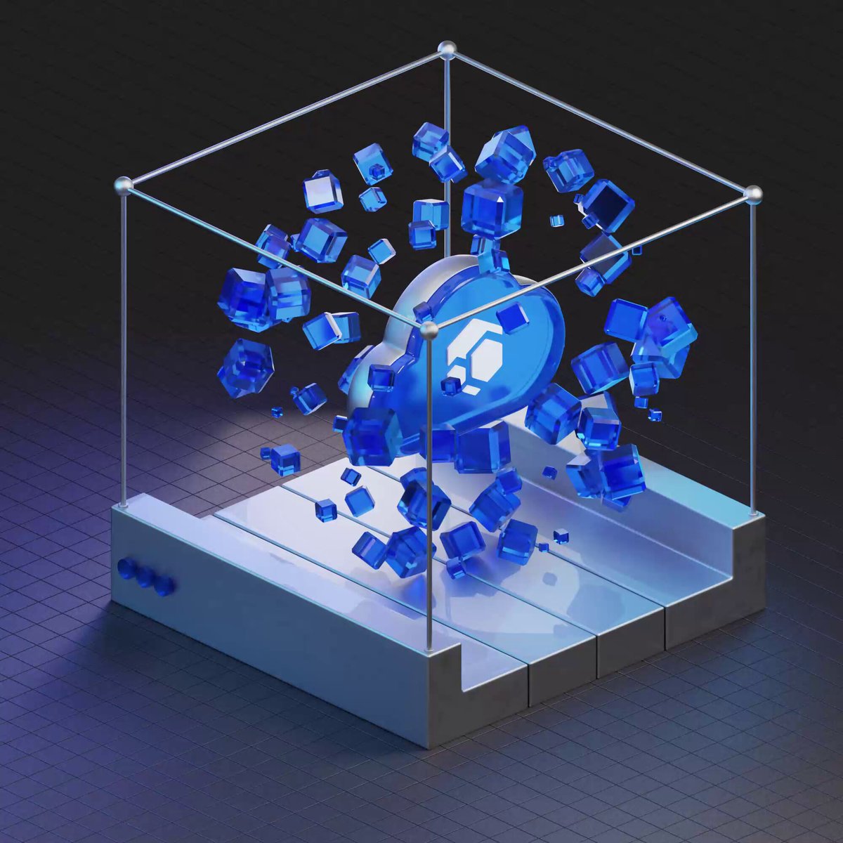 The image features a 3D rendering of a cube with blue cubes falling out of it, creating an abstract scene. The cube appears to be made of glass or plastic, giving it a unique appearance. The background of the image is black, which contrasts with the colorful cubes and makes them stand out even more. The caption provided in the image seems unrelated to the visual content and does not provide any additional information about the cubes or their significance within the context of AI tools running on distributed networks like FluxCloud.