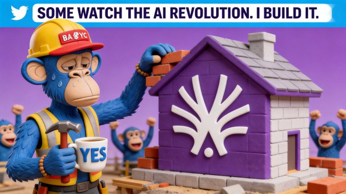 A tired blue monkey wearing a "BA👑YC" hard hat holds a hammer, a "YES" mug, and bricks while building a purple house marked with an AI symbol, surrounded by cheering monkeys, under the Twitter headline "SOME WATCH THE AI REVOLUTION. I BUILD IT." — visually echoing the post's call for hands-on community builders rather than passive retweeters in ActionModelAI's Ambassador Program.