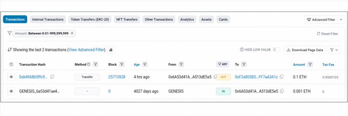 A screenshot of an Ethereum blockchain transaction page showing the last 2 transactions, including a recent transfer of 0.1 ETH.
