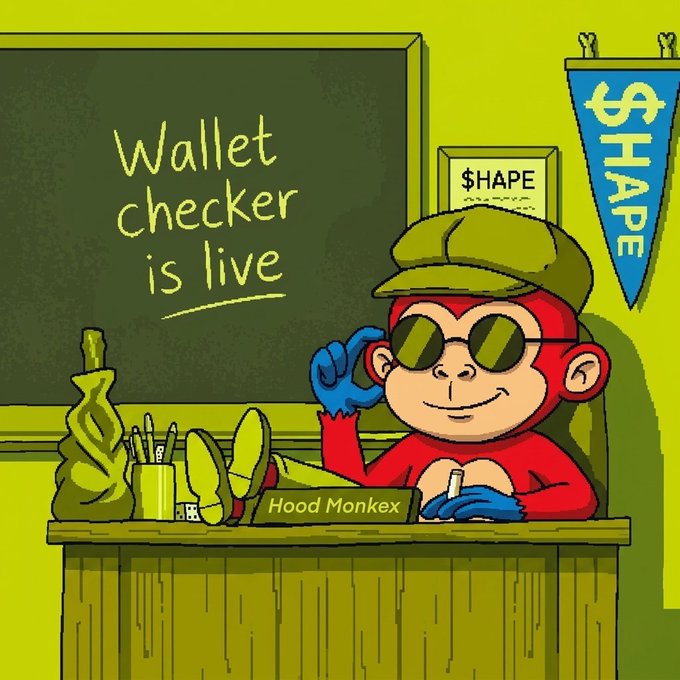 A cartoon monkey wearing sunglasses and a green cap sits at a desk labeled "Hood Monkex" in front of a chalkboard reading "Wallet checker is live," with a "$HAPE" pennant and a small $HAPE sign on the wall behind him. The illustration visually promotes the wallet checker tool mentioned in the post, which determines eligibility for receiving one of the 1111 Monkes being claimed in the $HAPE distribution.