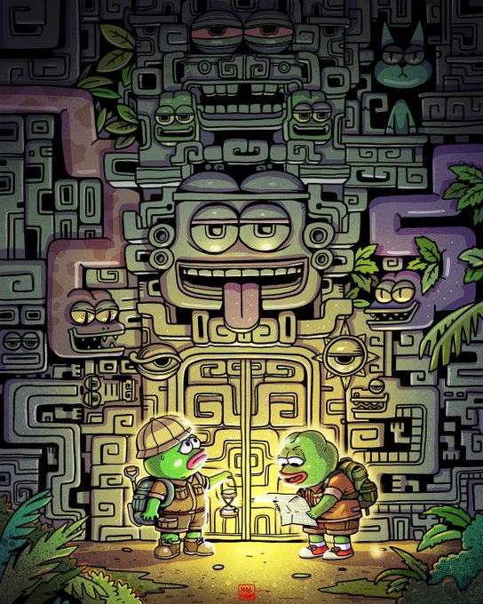 Two cartoon explorers—one wearing a pith helmet and the other holding a map—stand before a glowing, ancient Mesoamerican-style temple wall covered in intricate stone carvings of various cartoonish faces, seemingly on the verge of uncovering its secrets. The post's reference to "20 hours before the discovery of @TrustUsNFT" suggests the explorers symbolize early NFT enthusiasts about to stumble upon a hidden treasure, with the temple's enigmatic faces hinting at the unique, expressive characters that await discovery in the TrustUsNFT collection.