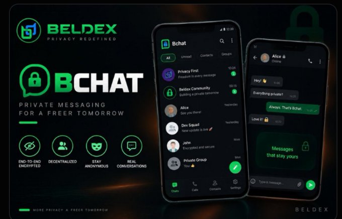 An advertisement for BChat by Beldex, a private messaging app featuring end-to-end encryption, decentralization, anonymity, and chat interface screenshots.