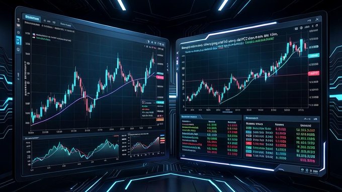 A futuristic dual-monitor trading setup displays cryptocurrency candlestick charts and market data on screens with glowing blue accents.