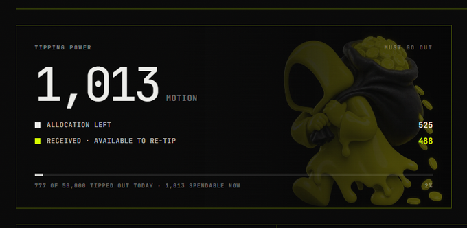 A tipping power dashboard showing '1,013 NOTION' with an illustrated hooded figure carrying a sack of gold coins spilling onto the floor.