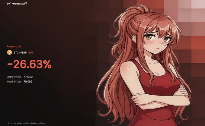 An anime-style illustration of a girl with red hair in a red dress alongside financial data for 'BTC-PERP' showing a -26.63% change on the hotstuff app.
