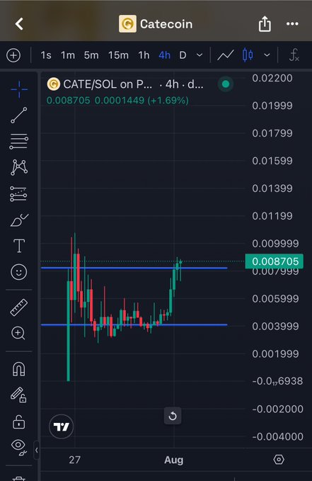 The image shows a 4-hour candlestick chart for the CATE/SOL trading pair on what appears to be TradingView, displaying a current price of 0.008705 SOL with a 1.69% gain, supporting the post's bullish sentiment about CATEcoin's potential for a "parabolic move." The chart shows recent price consolidation followed by an upward breakout, visually reinforcing the author's optimistic prediction about the token's trajectory.