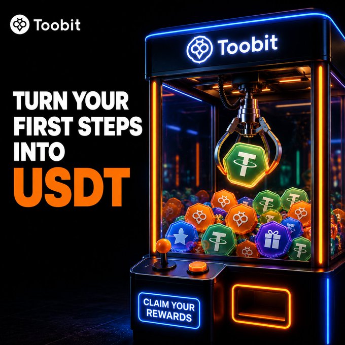 A promotional graphic for Toobit featuring a glowing claw machine filled with colorful tokens displaying the Tether (USDT) and Toobit logos, with the headline "TURN YOUR FIRST STEPS INTO USDT" and a "CLAIM YOUR REWARDS" button at the base. The arcade-style imagery visually reinforces the post's message, framing onboarding tasks as a game where new users can grab USDT rewards as they complete their first steps on the platform.