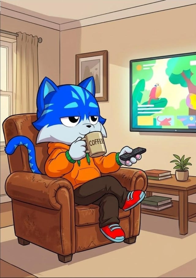 A cartoon blue cat character lounges in a brown armchair wearing an orange hoodie, sipping from a mug labeled "COFFEE" while holding a remote, with a TV showing a colorful nature scene in the background. The cozy, relaxed "morning coffee and TV" vibe ties into the post's "Good morning $Toshi famz" greeting, suggesting a chill start to the day with the $Toshi community.
