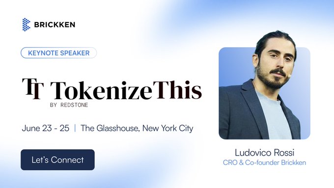 The image features a man wearing a suit with a beard and mustache standing against a blue background. The text "Tokenize This" is written above him, and there are two other texts below his photo that read "Let's connect". The image also includes a logo for Brickken, which suggests the event might be related to tokenization or blockchain technology.