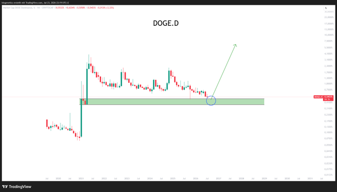 A DOGE.D daily TradingView chart shows price action around a green horizontal demand zone near 0.245, with a circled entry point and an arrow projecting a potential bullish breakout above the highlighted support area.