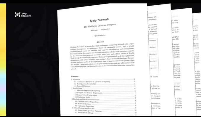 A whitepaper document titled 'Quip Network: The Worldwide Quantum Computer' with the Quip Network logo in the top left, showing an abstract and table of contents.