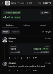 A mobile screenshot of a prediction market app showing a closed position with a +2.44 return, featuring a wager on "simpcopr Wow" for $0.50 and a recent comment reading, "I rapid and raped jingdao and that felt good."