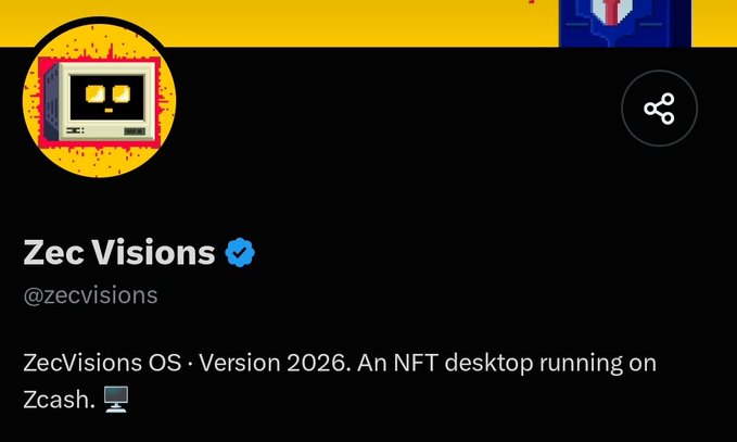 A verified Twitter profile for "Zec Visions" (@zecvisions) is displayed, featuring a retro desktop computer avatar. The bio reads "ZecVisions OS · Version 2026. An NFT desktop running on Zcash," which aligns with the post's description of an NFT desktop project combining nostalgic early-2000s computing aesthetics with modern blockchain technology on the Zcash network.