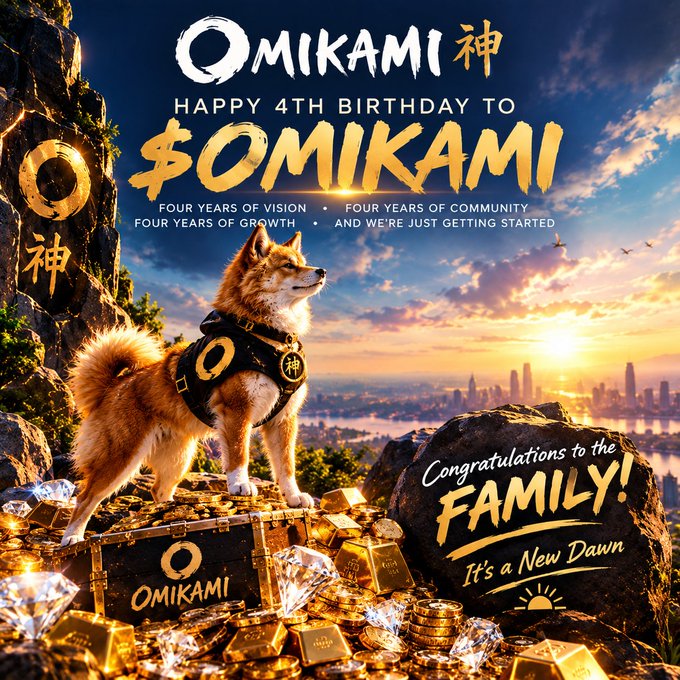 A promotional graphic celebrating the 4th birthday of the cryptocurrency token $OMIKAMI, featuring a Shiba Inu dog wearing a branded harness standing on a treasure chest filled with gold coins and diamonds, with text reading "OMIKAMI 神," "HAPPY 4TH BIRTHDAY TO $OMIKAMI," and "Congratulations to the FAMILY! It's a New Dawn."