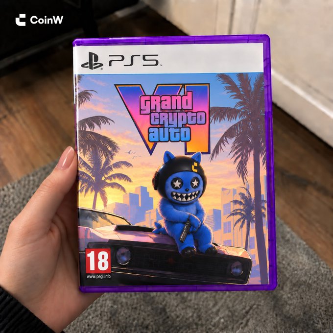 A hand holds a PlayStation 5 game case for 'Grand Crypto Auto' featuring a blue furry character with star eyes and a gun, set against a sunset cityscape with palm trees. The case has an 18+ PEGI rating and a CoinW logo is visible in the top left corner.