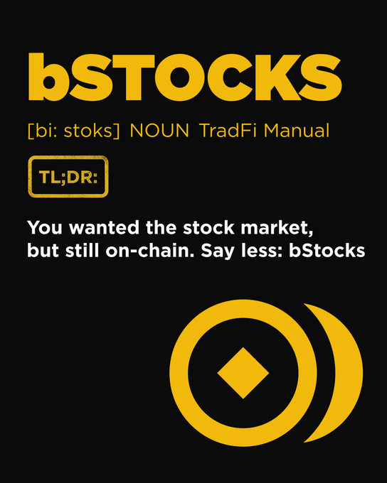 The image is a promotional graphic defining "bStocks" as a "TradFi Manual" with the tagline "You wanted the stock market, but still on-chain. Say less: bStocks," featuring a yellow circular logo with a diamond center and crescent shape on a black background. The graphic serves as a conceptual explainer for bStocks (a TradFi-to-DeFi stock tokenization concept), while the accompanying post references the ticker "MarsCoin/SPCXB," suggesting the token is one example of a stock-backed asset tradable through this on-chain platform.