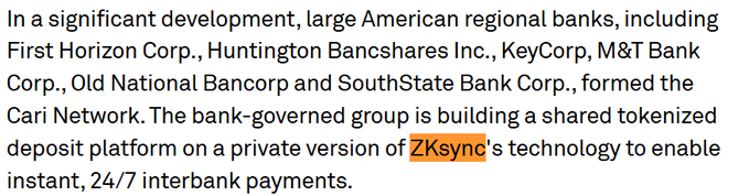 The image shows a gray background with text that reads "In a significant development, large American regional banks, including First Horizon Corp., Huntington Bank & Trust Co., KeyBank Corp., M&T Bank, and Old National Banco & Trust Co." The text also mentions ZKsync as part of the future Bank Stack on the official S&P 500 website. This suggests that the image is related to a post about ZKsync or its involvement in the banking industry.