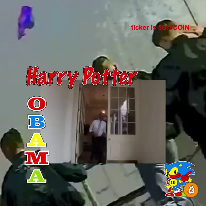 The image features a poster with three men standing next to each other, one of whom has a tie. The poster also includes text that reads "Harry Potter" and "Obama", suggesting that this might be an advertisement for a Harry Potter-themed event or promotion. Additionally, there is a reference to Bitcoin in the image, indicating that it could be related to some form of digital currency or cryptocurrency.