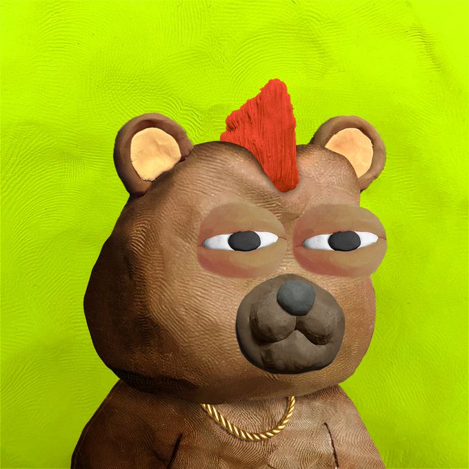 A 3D-rendered brown bear with a neon red mohawk, droopy half-lidded eyes, and a gold chain necklace is set against a vibrant lime green textured background.