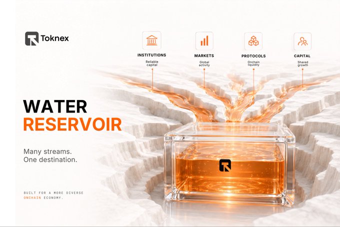 A promotional graphic for Toknex's 'WATER RESERVOIR' featuring orange liquid flowing into a glass container, highlighting INSTITUTIONS, MARKETS, PROTOCOLS, and CAPITAL as pillars of their onchain economy.