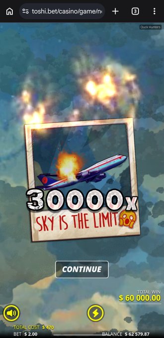 The image shows a screenshot from Toshi.bet casino of a "Duck Hunters" game displaying a max win of "30000x SKY IS THE LIMIT" with a total win of $60,000.00 on a $20 bet, aligning with the post's boast of hitting a max win on the gambling platform.
