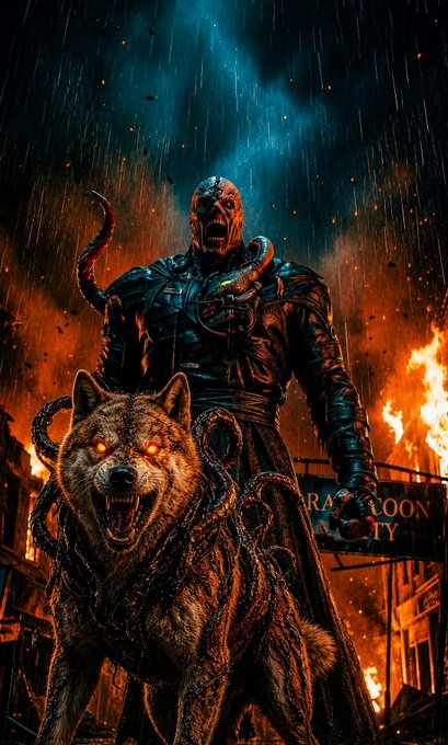 A dark, dramatic fantasy illustration depicts a masked figure in a leather coat standing behind a snarling wolf with glowing orange eyes, set against a burning cityscape in the rain.