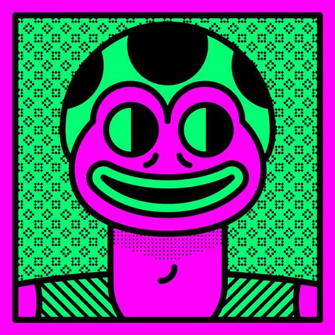 The image features a cartoon frog with a pink body, green eyes, and a black nose, giving it a unique and whimsical appearance. The frog is smiling, adding a sense of joy and playfulness to its character. The background consists of a patterned green and white design that complements the overall color scheme of the image. The caption below the image reads: "Recently collected an Acid Pepe by @LorsOnChain and I'M glad I did. I'VE known Lors since 2023 & hold some of his art works on BTC. Happy to be collecting one of his works on ETH too."