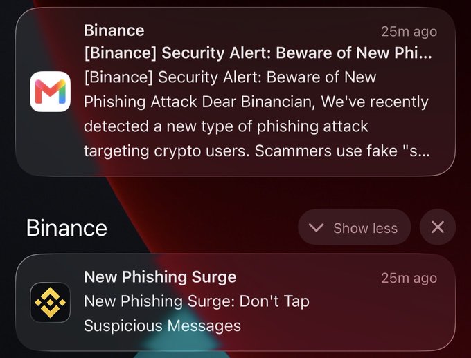 A smartphone notification screen displaying two alerts from Binance warning users about a new type of phishing attack targeting crypto users.