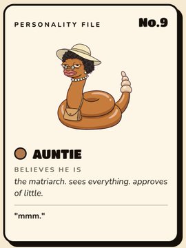 An illustrated 'PERSONALITY FILE No. 9' card titled 'AUNTIE' featuring a cartoon worm-like character wearing a hat, pearls, and holding a purse, with text describing her as 'the matriarch' who 'sees everything, approves of little.'