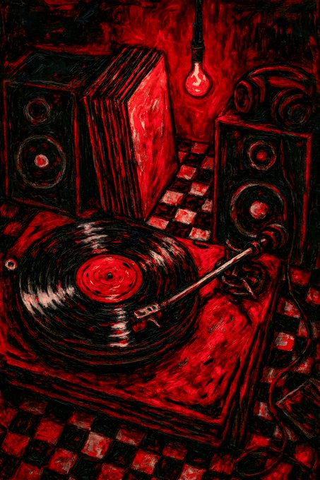 This surreal, red-toned painting features a turntable with a spinning vinyl record surrounded by speakers and a telephone on a checkered floor. The artwork visually illustrates the caption "Eternal Echoes on Vinyl" through its focus on music equipment and a heavy, rhythmic atmosphere.