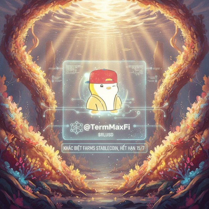 An illustrated promotional image featuring a penguin mascot in a red cap labeled '@TermMaxFi $RLUSD' with Vietnamese text 'KHÁC BIỆT FARMS STABLECOIN, HẾT HẠN 15/7' set against a glowing portal-like background.