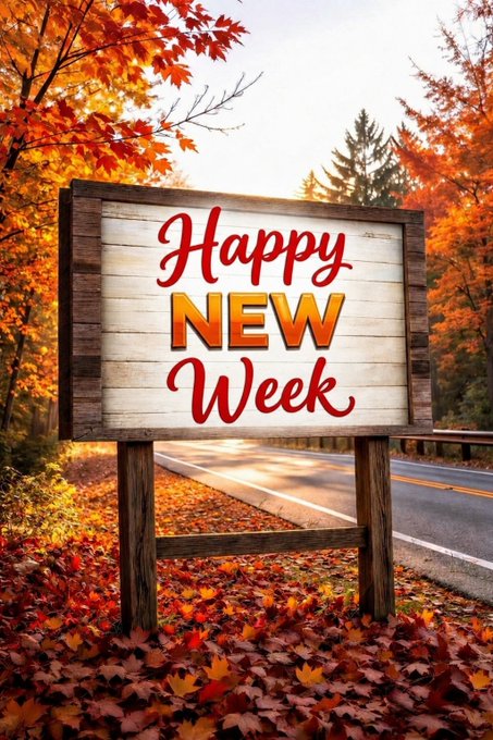 A wooden sign displaying 'Happy NEW Week' set against an autumn backdrop with fallen leaves, red foliage, and a road.