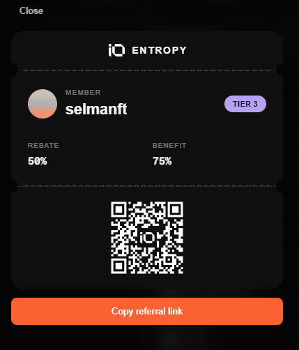 An Entropy (entropyIO) membership card displays user "selmanft" as Tier 3 with 50% rebate and 75% benefit, featuring a QR code and referral copy button—likely the airdrop opportunity being promoted in the post.