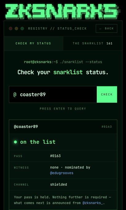 A ZKSNARKS registry status check page shows the user '@coaster89' is 'on the list' with pass #0163 and a 'shielded' channel.