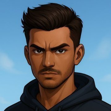 A cartoon-style illustration of a man with dark hair, a mustache, and a beard, wearing a dark hoodie against a blue sky.